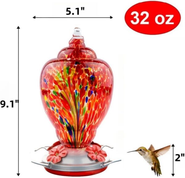 Hummingbird Feeder for Outdoors Patio Large 32 Ounces Colorful Hand Blown Glass - Image 4