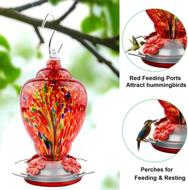 Hummingbird Feeder for Outdoors Patio Large 32 Ounces Colorful Hand Blown Glass - Image 2