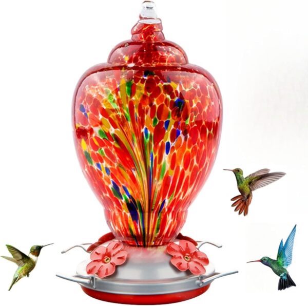 Hummingbird Feeder for Outdoors Patio Large 32 Ounces Colorful Hand Blown Glass