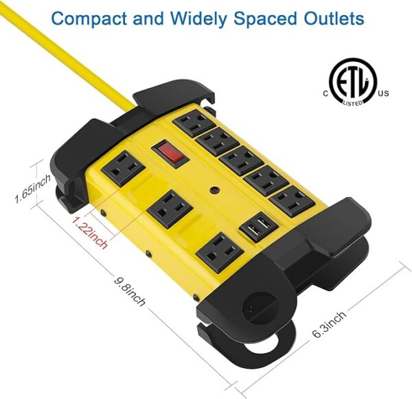 Heavy Duty Power Strip with USB, Workshop 8 Outlet Surge Protector 2700 Joules - Image 3