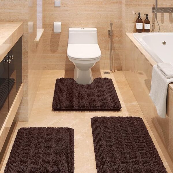 Striped Brown Bathroom Rug Set 3 Pieces Ultra Soft, Non Slip Chenille Toilet Mat