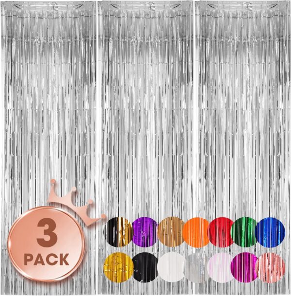 3 Pack 3.3x8.2 Feet Silver Foil Fringe Backdrop Curtains, Tinsel Streamers Birthday Party