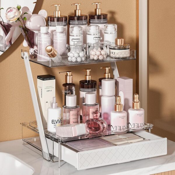 Modern Stylish 2-Tier Drawer Bathroom Counter Organizer - Easy Access & Stable Countertop Skincare & Makeup Vanity