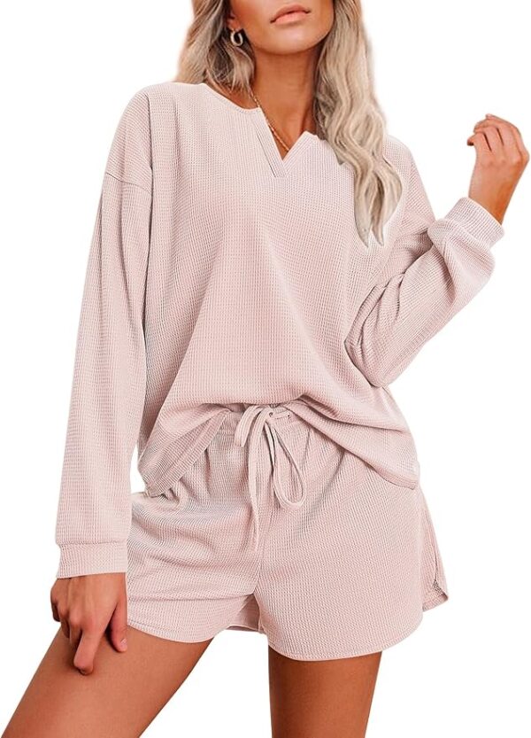 Ekouaer Pajama Set for Women Waffle Knit Lounge Sets Long Sleeve