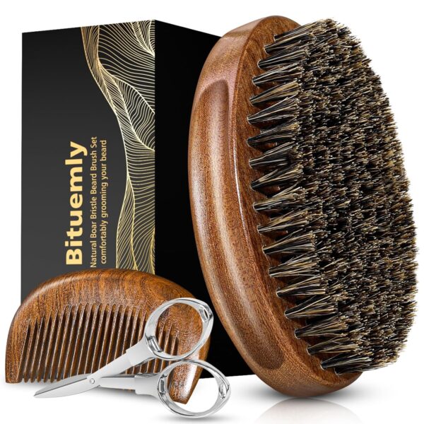 Beard Brush, Natural Boar Bristles Beard Brush for Men and Wooden Sandalwood Pocket Beard Comb Set
