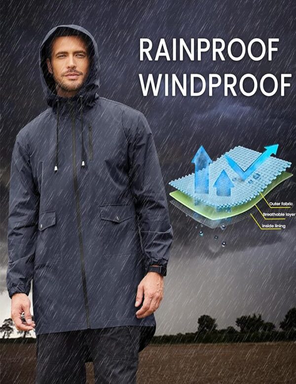 COOFANDY Men's Long Raincoat Ligtweight Rain Jacket Waterproof - Image 2