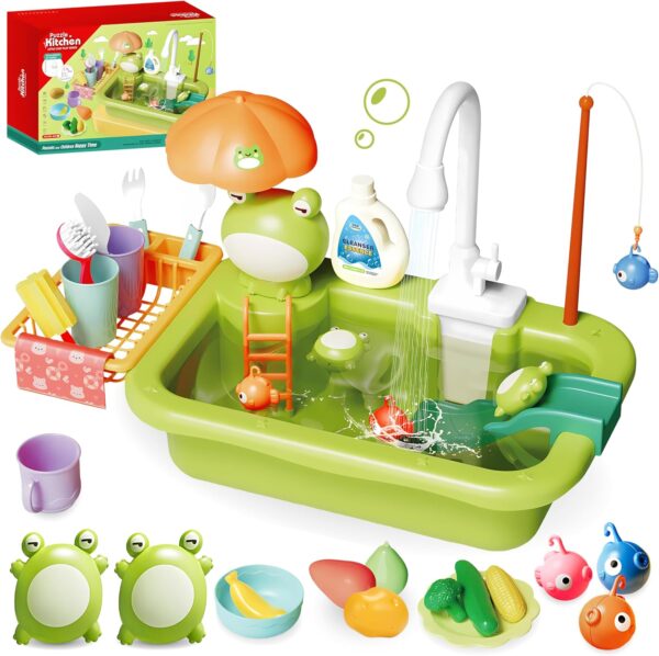 Play Sink with Running Water for Toddlers, Play Kitchen Sink Toy with Electric Faucet for Kids
