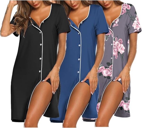 Ekouaer Nightgowns for Women 3 Pack Sleep Shirts Button Down Pajama Dress Short Sleeve
