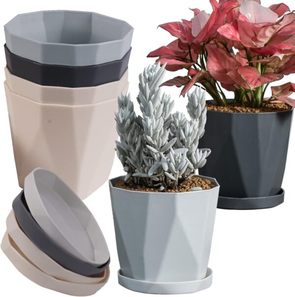 Plant Pots Indoor Plastic Flower Pots Outdoor 5 inch Set of 6 Pack with Drainage Holes and Saucers