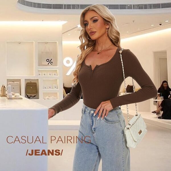 Sexy Square Neck Bodysuit Zip Up Long Sleeve Body Suit Slimming Ribbed Knit Base Top Shirts - Image 4