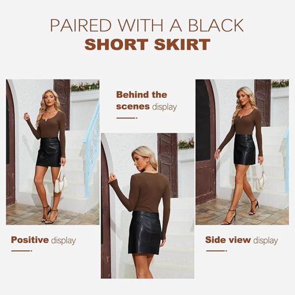 Sexy Square Neck Bodysuit Zip Up Long Sleeve Body Suit Slimming Ribbed Knit Base Top Shirts - Image 2