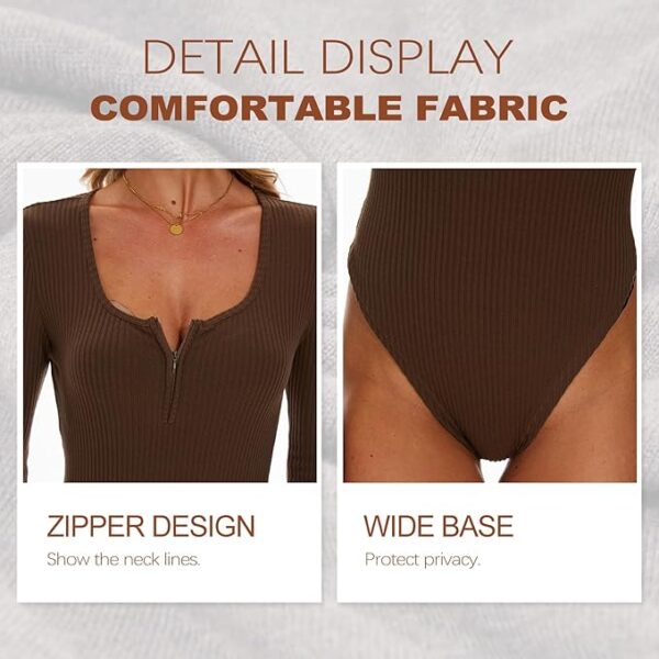 Sexy Square Neck Bodysuit Zip Up Long Sleeve Body Suit Slimming Ribbed Knit Base Top Shirts - Image 3