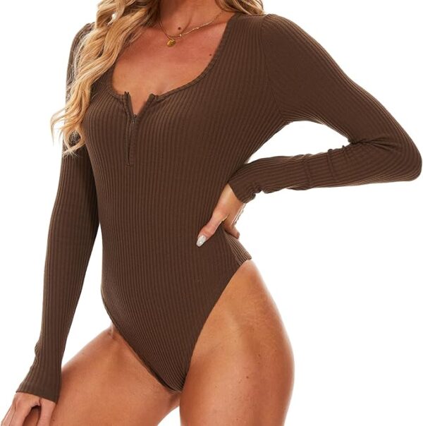 Sexy Square Neck Bodysuit Zip Up Long Sleeve Body Suit Slimming Ribbed Knit Base Top Shirts